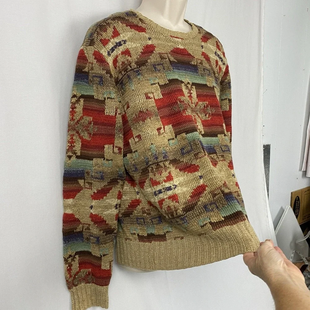 VTG Polo Ralph Lauren Hand Knit Southwestern Sweater Mens L Linen Silk Cotton